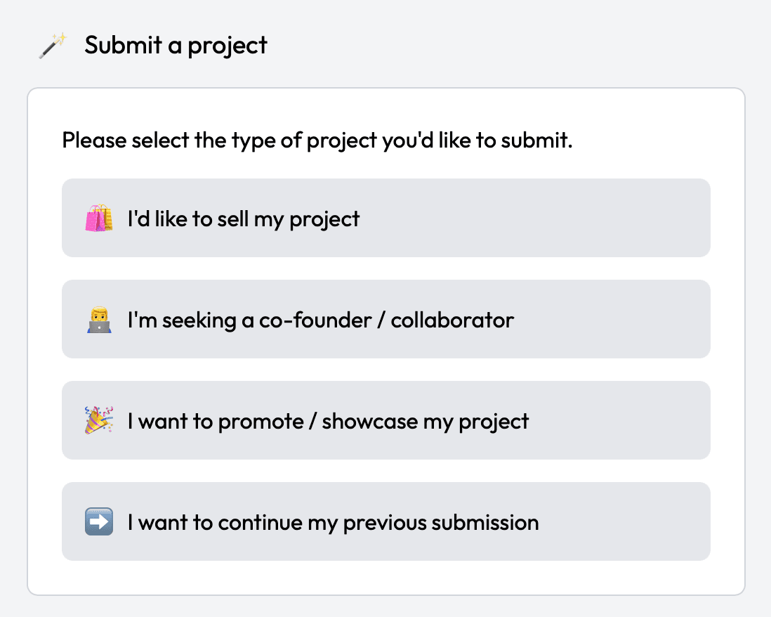 SideProjectors Submit a project screen: “Please select the type of project you'd like to submit.” above four buttons reading I'd like to sell my project, I'm seeking a co-founder / collaborator, I want to promote / showcase my project and I want to continue my previous submission