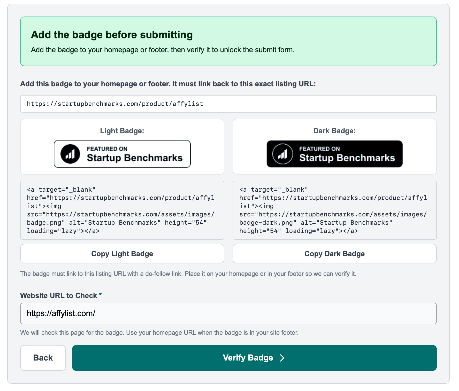 Startup Benchmarks step 2: add the light or dark 'Featured on Startup Benchmarks' badge as a do-follow link, then verify it