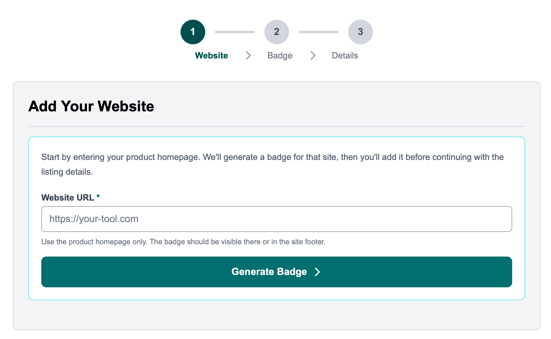 Startup Benchmarks step 1: add your website URL and generate a badge before continuing