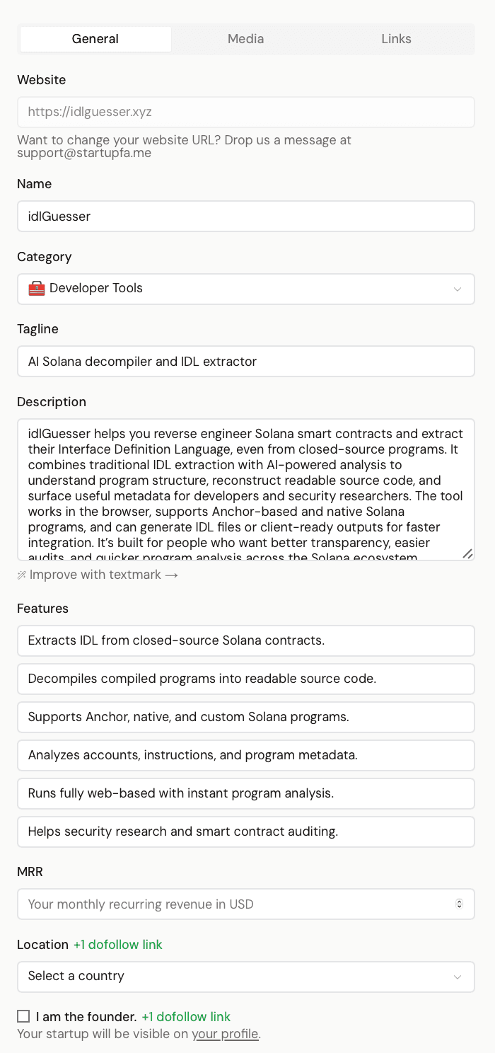 Startup Fame submission form, General tab: website, name, category, tagline, description, features, and +1 dofollow link for location and for being the founder