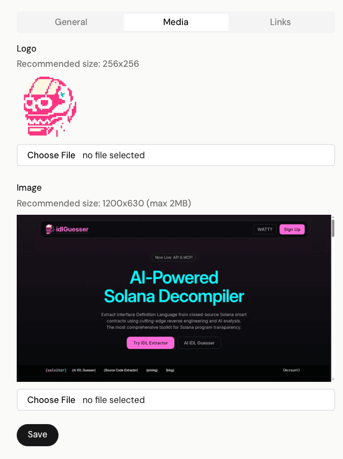 Startup Fame Media tab: a 256x256 logo and a 1200x630 image upload