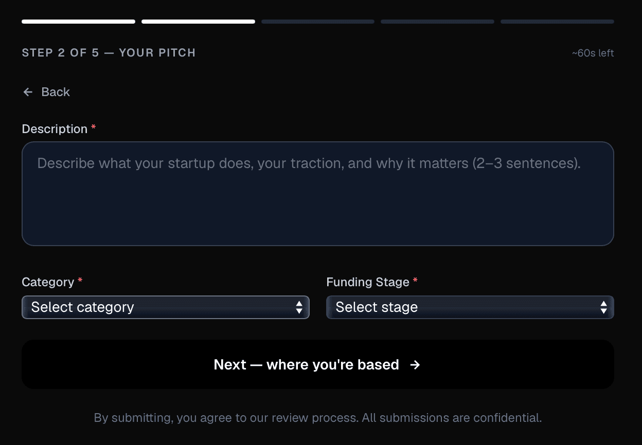 Startups.fm submit form step 2: description, category, and funding stage