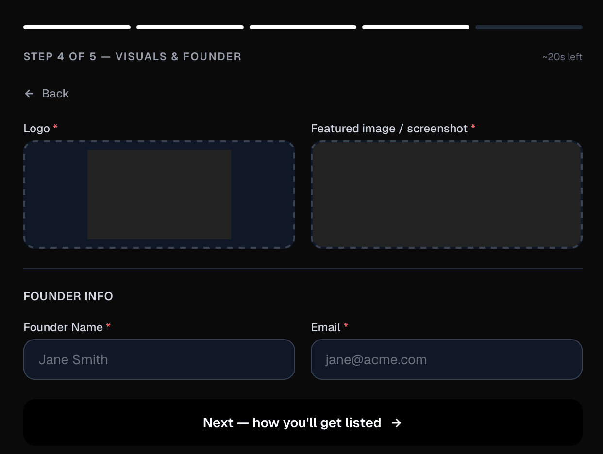 Startups.fm submit form step 4: logo, featured image, founder name and email
