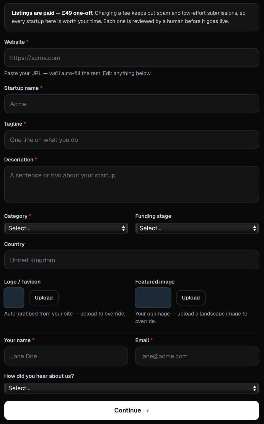 The Startups.fm submission form, headed by a notice that listings are paid at £49 one-off, followed by fields for website, startup name, tagline, description, category, funding stage, country, logo, featured image, your name and email