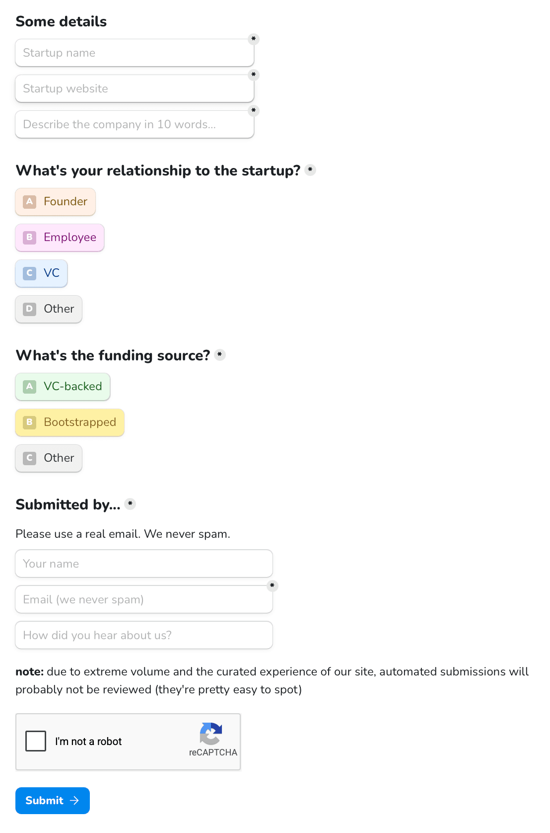Startups.gallery's Tally submission form: startup name, website, 10-word description, relationship and funding-source choices, name and email, a note about automated submissions, and a reCAPTCHA
