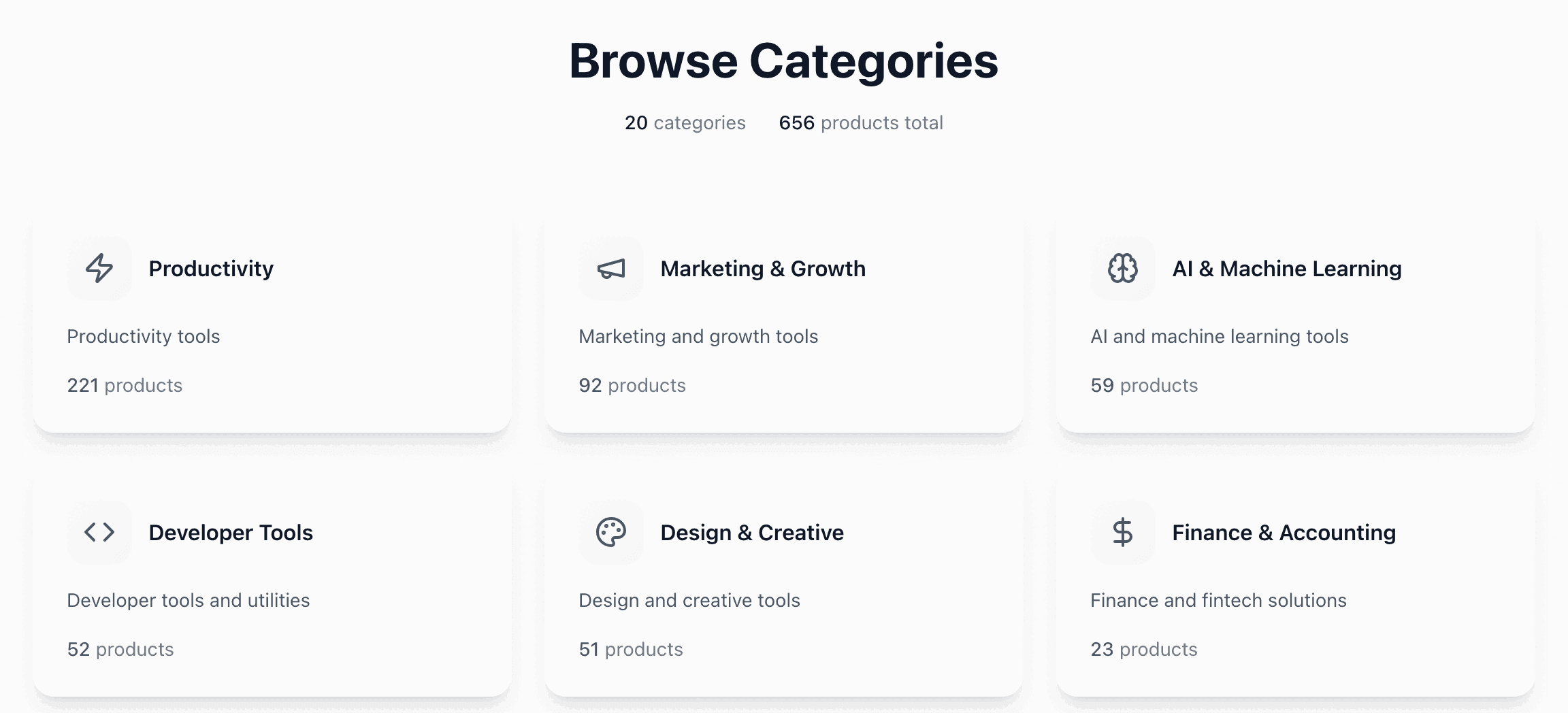Super Launch Browse Categories page reading 20 categories and 656 products total, with the first six category cards: Productivity (221 products), Marketing & Growth (92), AI & Machine Learning (59), Developer Tools (52), Design & Creative (51) and Finance & Accounting (23)