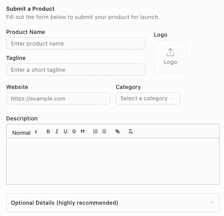 Super Launch “Submit a Product” form under the line “Fill out the form below to submit your product for launch.”: Product Name (Enter product name), Tagline (Enter a short tagline), a Logo upload box, Website (https://example.com), Category (Select a category), a Description editor with a formatting toolbar and a collapsed section headed “Optional Details (highly recommended)”