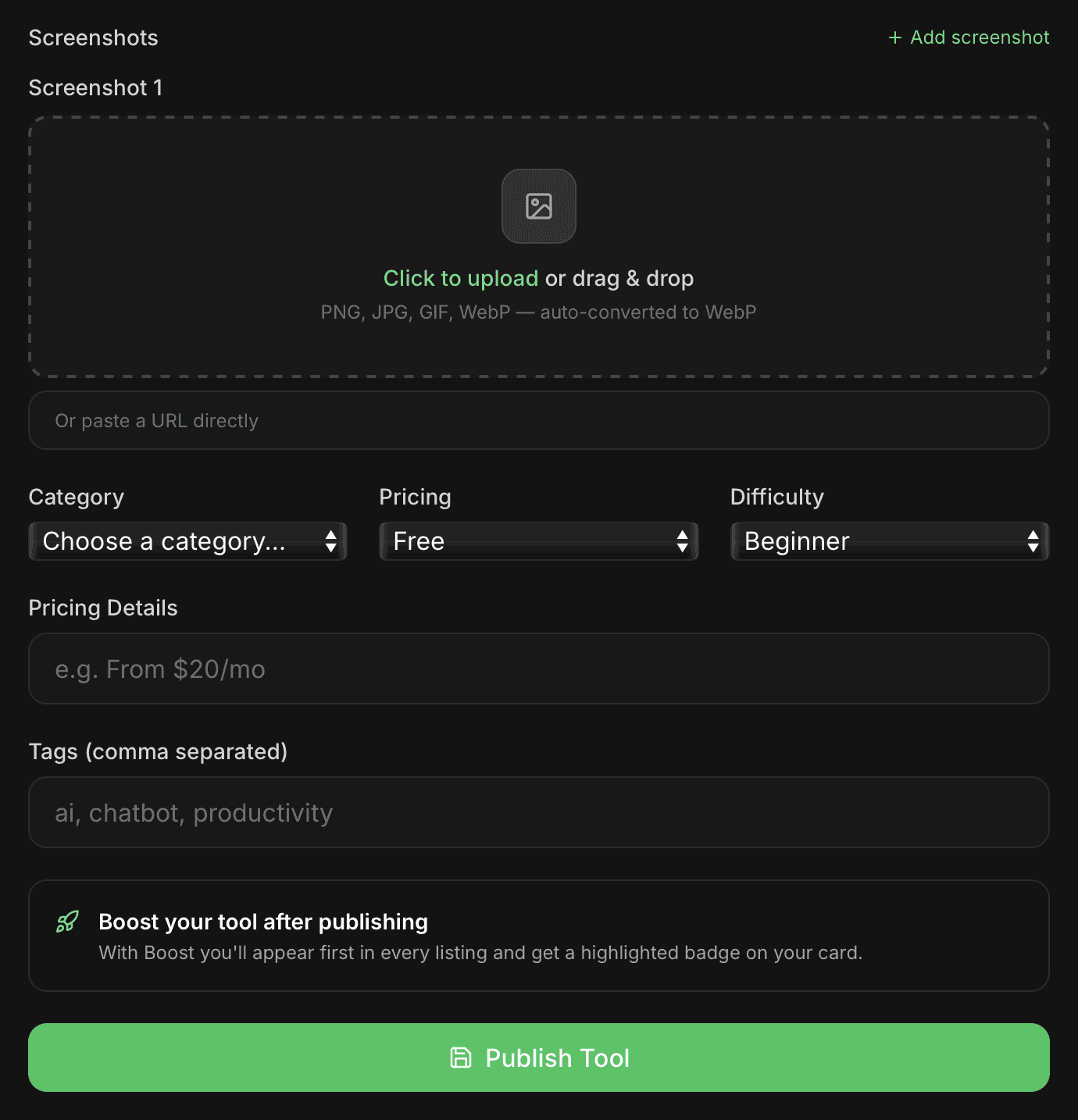 The ToolsNoCode New Tool form, lower half: Screenshots with a “+ Add screenshot” link and an upload area for Screenshot 1, three selects reading “Choose a category…”, Free and Beginner, Pricing Details with “e.g. From $20/mo”, Tags (comma separated) with “ai, chatbot, productivity”, a box headed “Boost your tool after publishing” and a green Publish Tool button