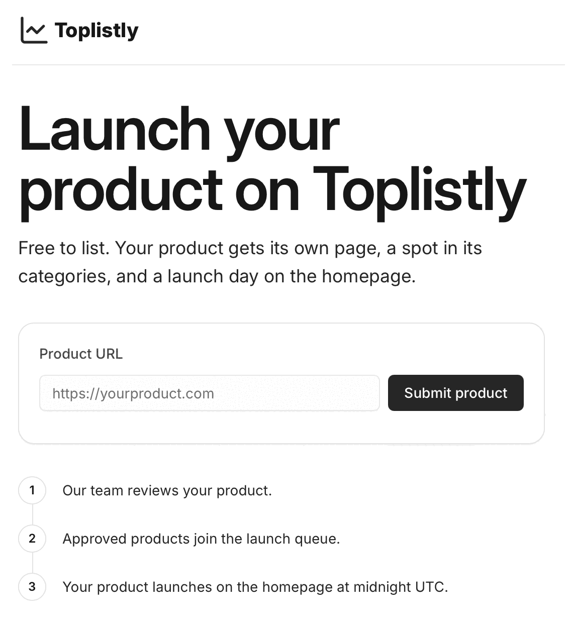 The Toplistly submit page. Under the heading “Launch your product on Toplistly” and a line that opens “Free to list.”, one box holds the only field, Product URL, with the placeholder “https://yourproduct.com” and a Submit product button. Three numbered steps follow, the last reading “Your product launches on the homepage at midnight UTC.”