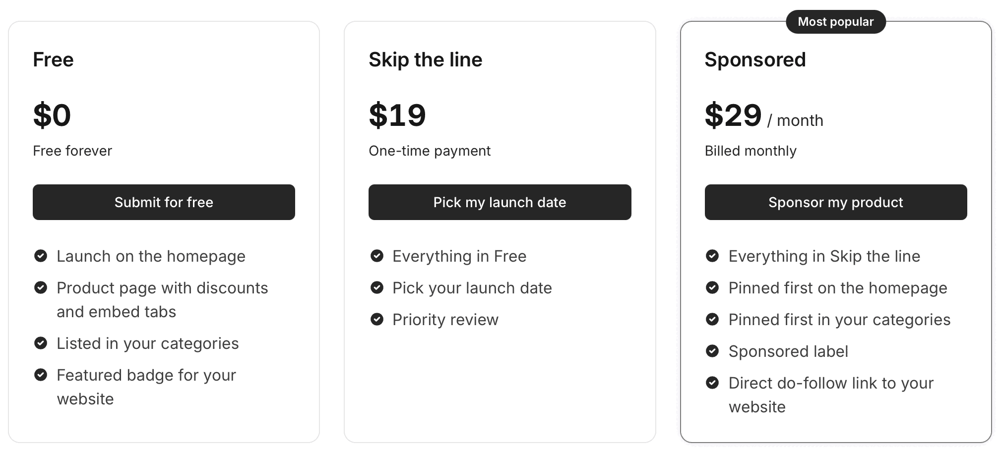 Toplistly's plan cards: Free at $0, “Free forever”, with a Submit for free button; Skip the line at $19, a one-time payment, with Pick my launch date; Sponsored, marked Most popular, at $29 a month with Sponsor my product.