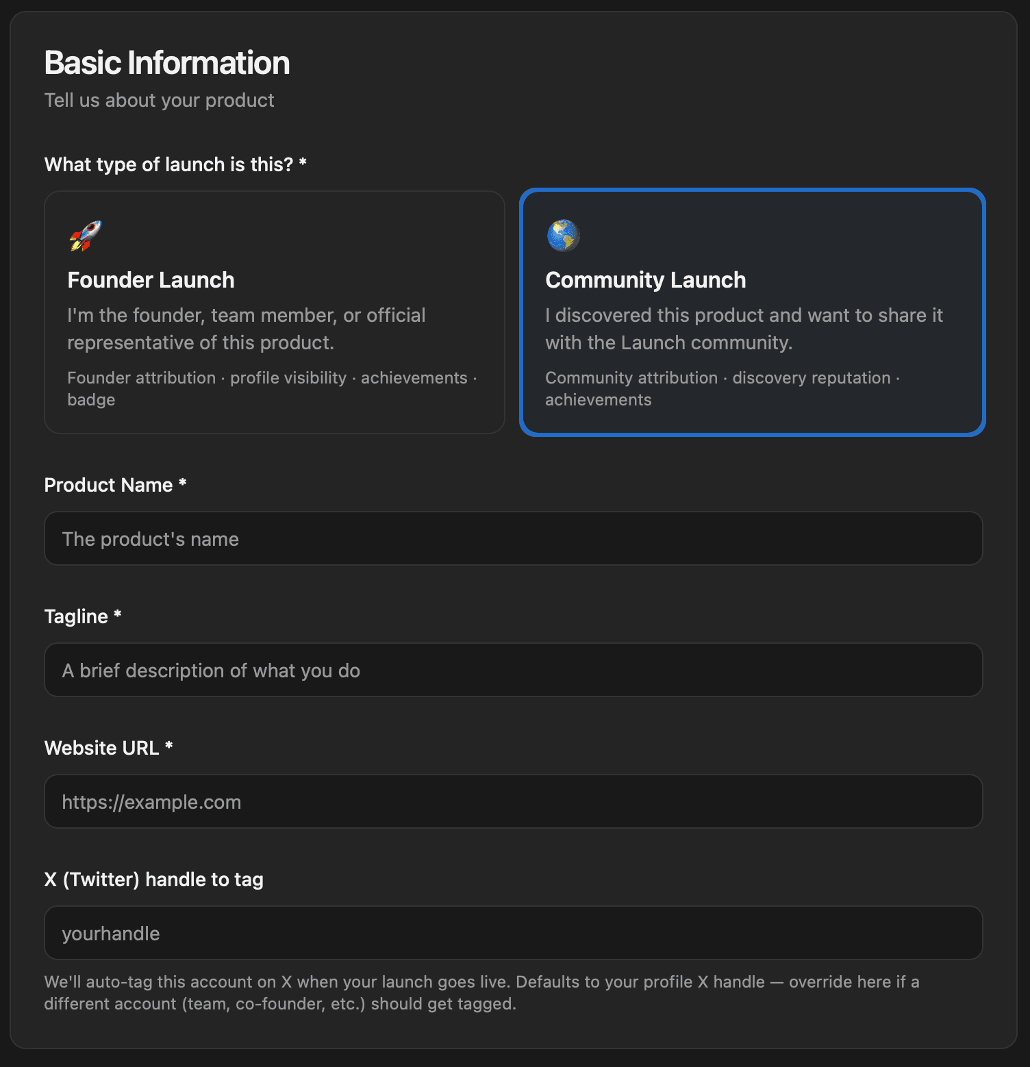 TryLaunch AI step 1: choose Founder or Community launch, then product name, tagline, website URL, and X handle