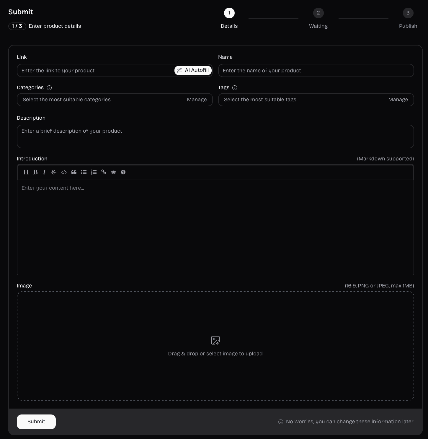 Turbo0 submission form: Link with AI Autofill, Name, Categories, Tags, Description, a Markdown Introduction editor, and a 16:9 image upload, across a 3-step Details / Waiting / Publish flow