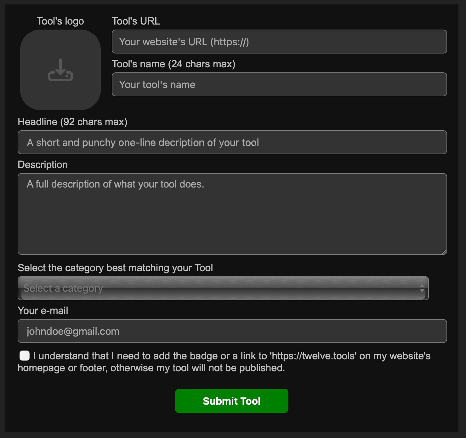 Twelve Tools submission form: tool's logo, URL, name, headline, description, category, email, and a badge-required checkbox
