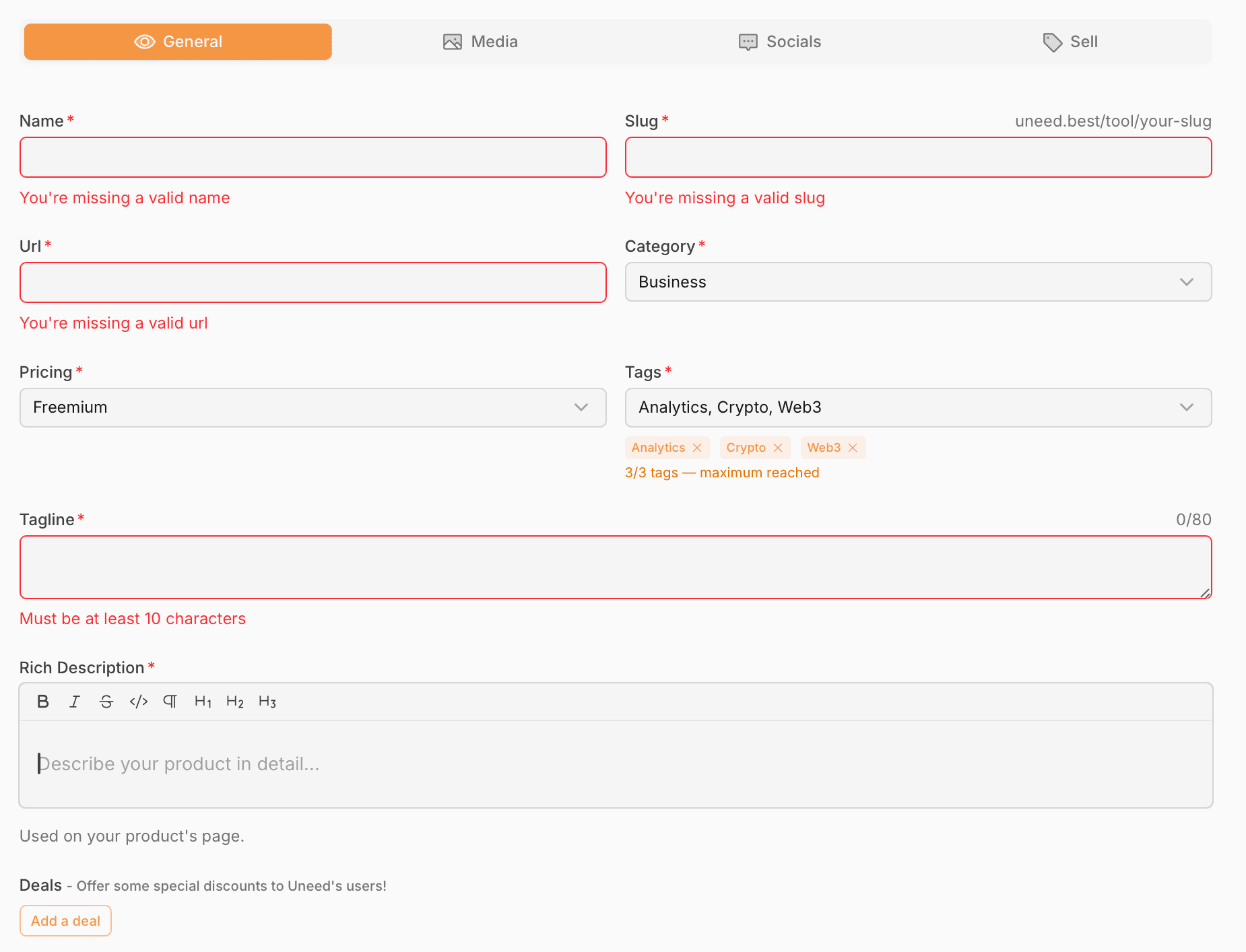 Uneed submission form: name, slug, URL, category, pricing, up to 3 tags, a 10–80 character tagline and a rich description, with Media, Socials and Sell tabs