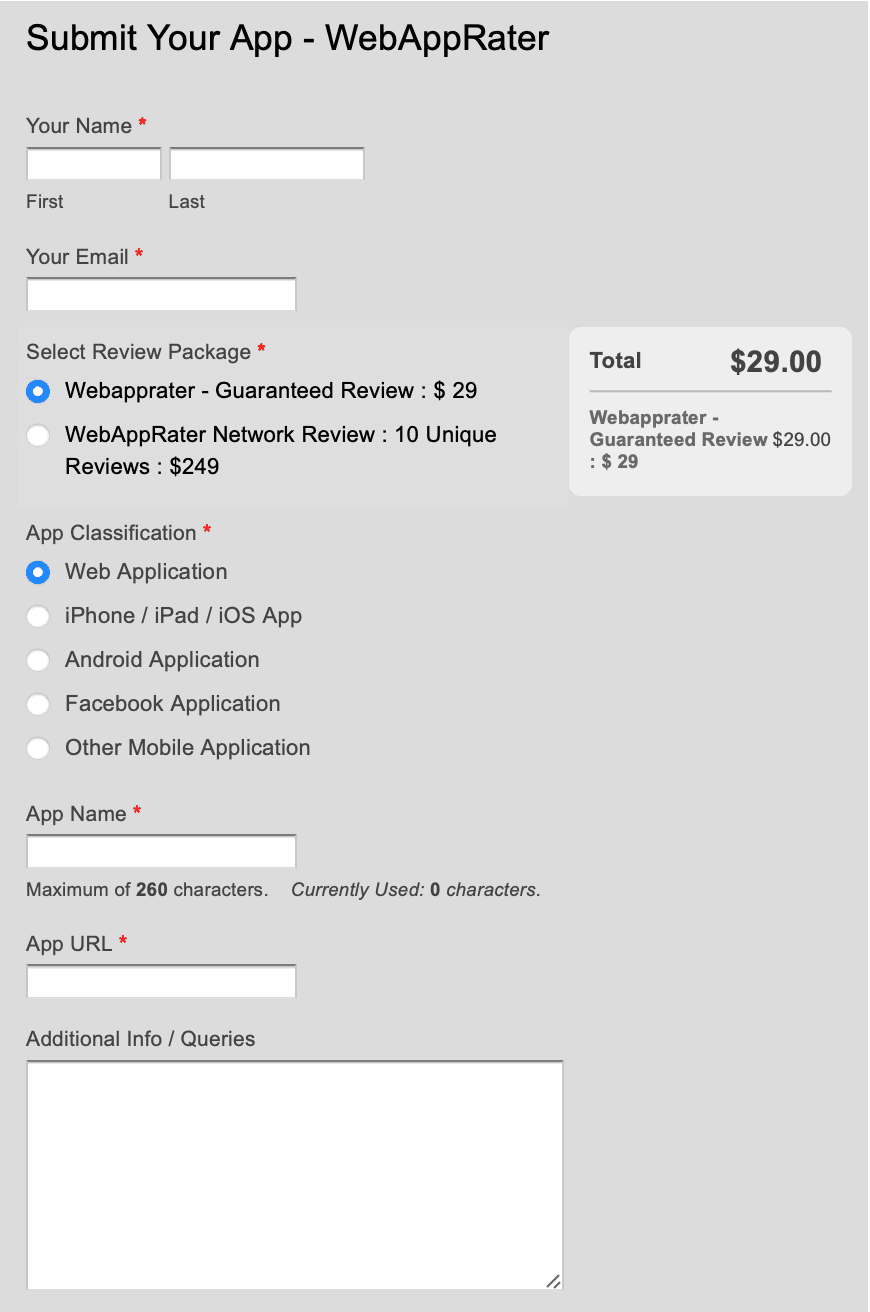 The WebAppRater submission form: name, email, a review package radio offering a $29 guaranteed review or a $249 network package of ten reviews, an app classification list, app name and URL fields and an additional info box