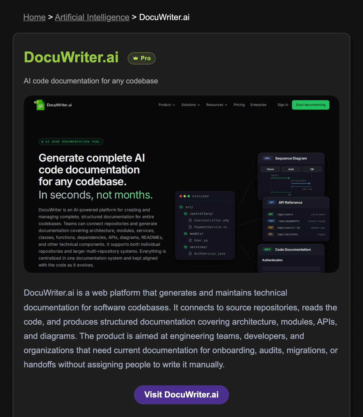 A Pro listing on Wired Business, DocuWriter.ai: a breadcrumb reading Home, Artificial Intelligence, DocuWriter.ai, the name as a large green heading beside a Pro chip with a crown, the tagline AI code documentation for any codebase, a screenshot of the product’s home page, the first paragraph of an AI-written article and a purple Visit DocuWriter.ai button