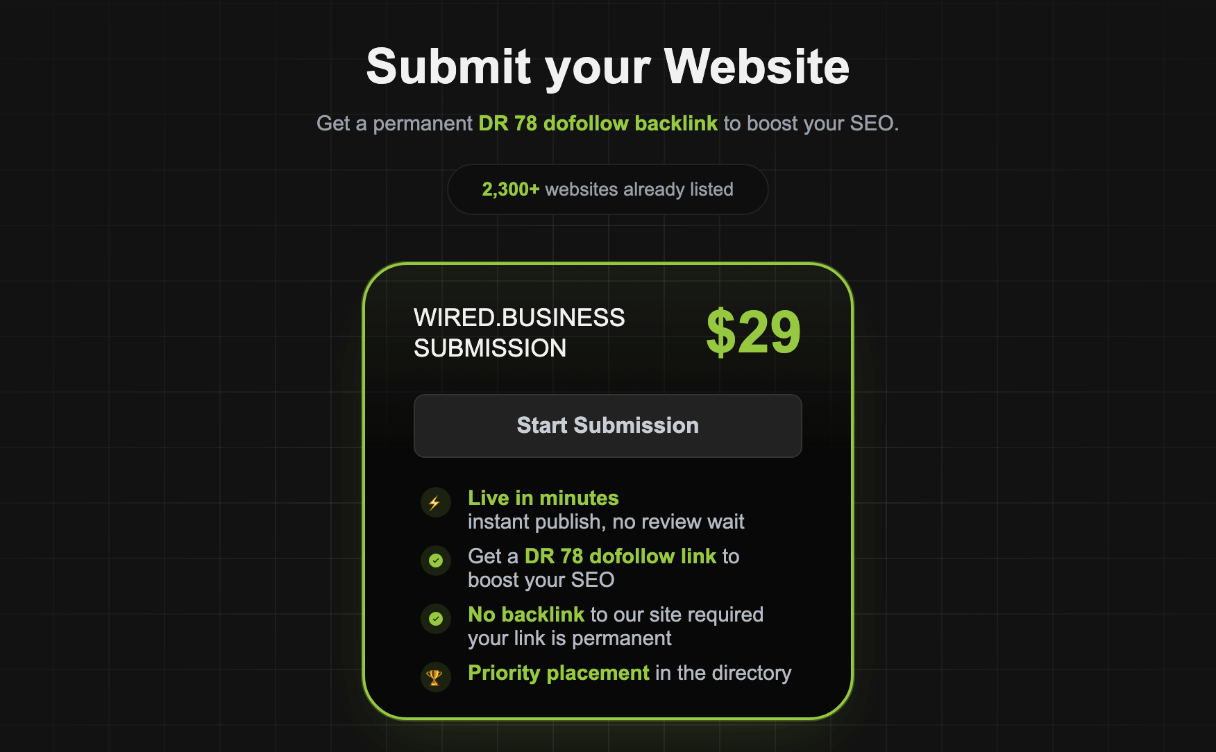 The Wired Business submit page: the heading Submit your Website, the line Get a permanent DR 78 dofollow backlink to boost your SEO, a pill reading 2,300+ websites already listed and one card, WIRED.BUSINESS SUBMISSION at $29, with a Start Submission button above four lines: Live in minutes, instant publish, no review wait; Get a DR 78 dofollow link to boost your SEO; No backlink to our site required, your link is permanent; Priority placement in the directory