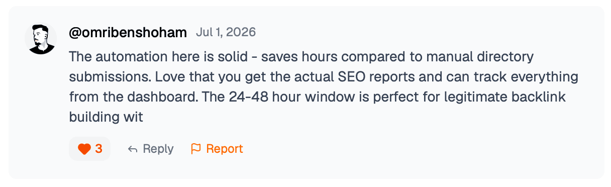 Review from @omribenshoham: the automation here is solid, saves hours compared to manual directory submissions